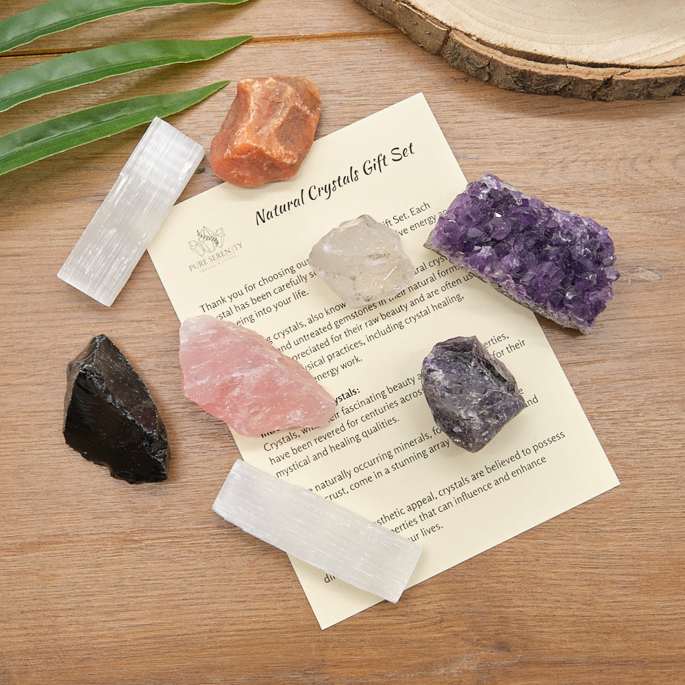 Clear Quartz, Rose Quartz, Amethyst, Black Obsidian, Selenite Sticks x 2 and Carnelian with a beautiful Grade AA Uruguayan Amethyst Druzy gift set
