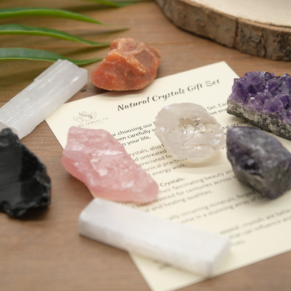 Clear Quartz, Rose Quartz, Amethyst, Black Obsidian, Selenite Sticks x 2 and Carnelian with a beautiful Grade AA Uruguayan Amethyst Druzy crystals gift set