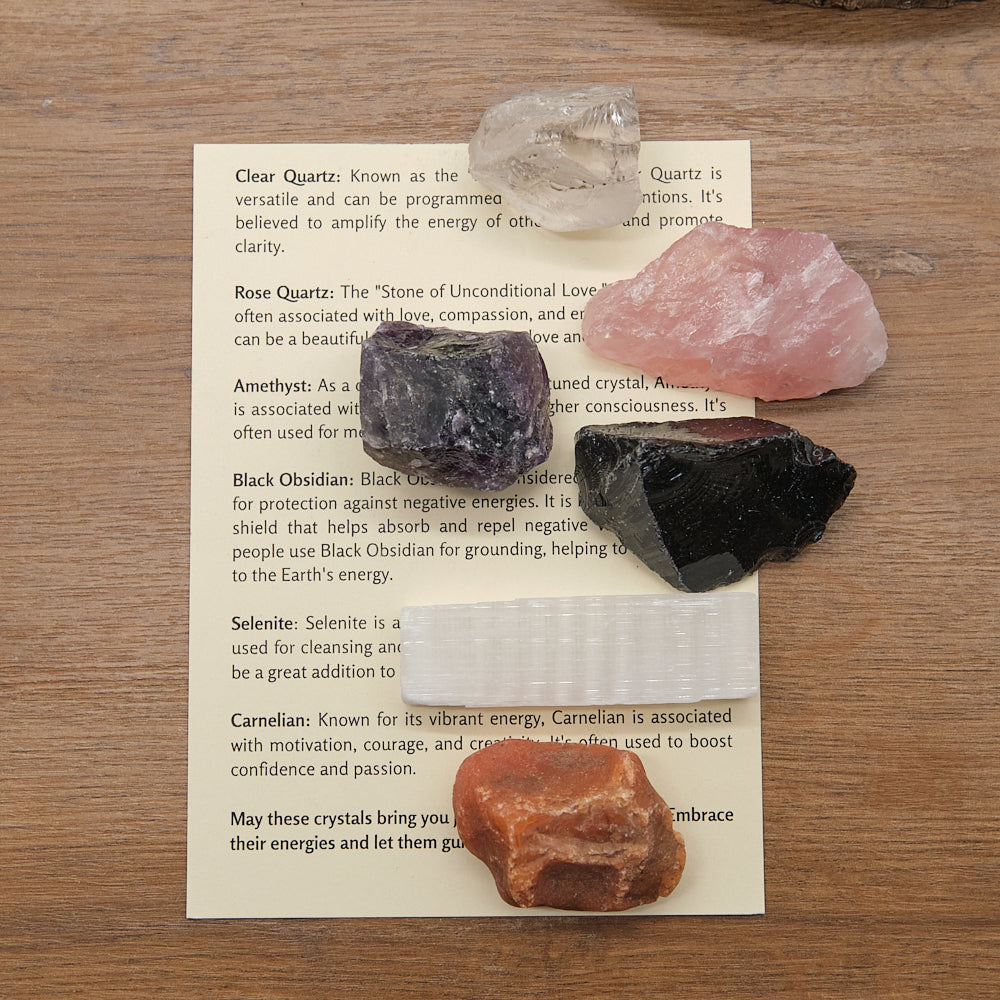 Clear Quartz, Rose Quartz, Amethyst, Black Obsidian, Selenite Sticks x 2 and Carnelian with a beautiful Grade AA Uruguayan Amethyst Druzy crystals gift set