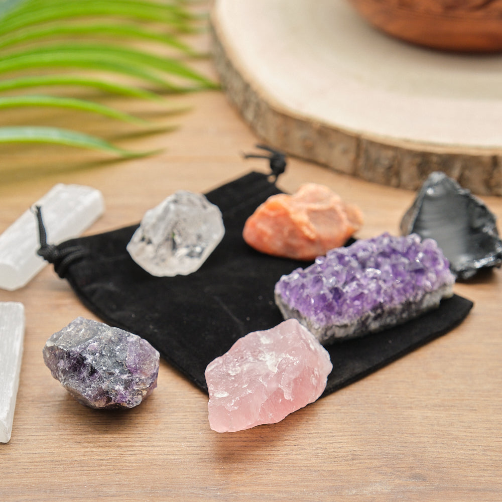 Clear Quartz, Rose Quartz, Amethyst, Black Obsidian, Selenite Sticks x 2 and Carnelian with a beautiful Grade AA Uruguayan Amethyst Druzy crystals gift set