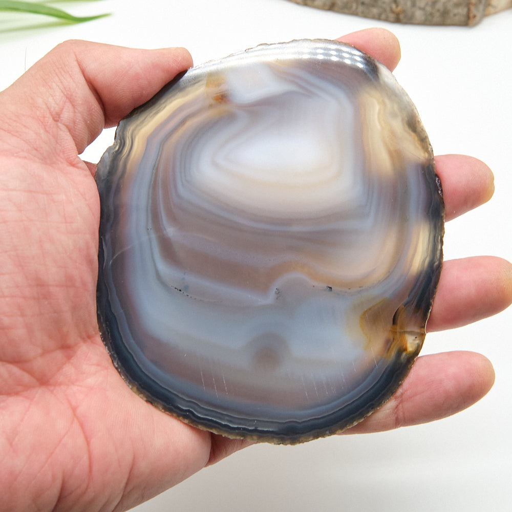 Hand holding a polished agate stone with concentric patterns