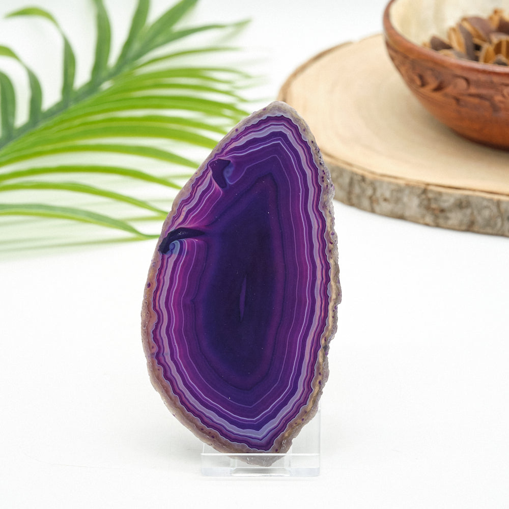 Purple agate slice on a clear stand with a blurred background