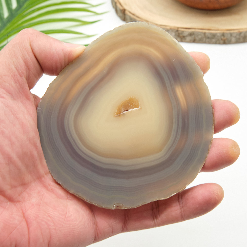 Hand holding a polished agate stone with concentric patterns