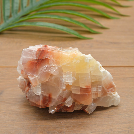 yellow red Crystal calcite rock on a wooden surface with green leaves in the background