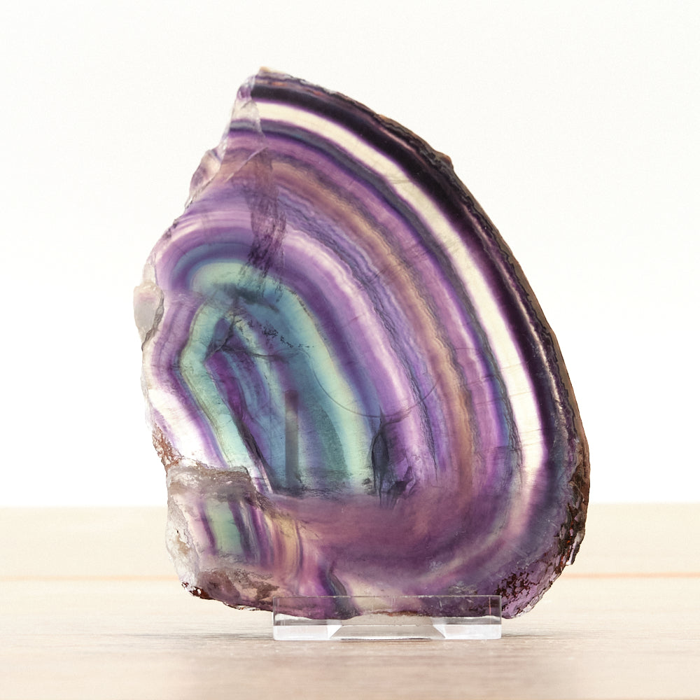 purple green fluorite crystal on a white background