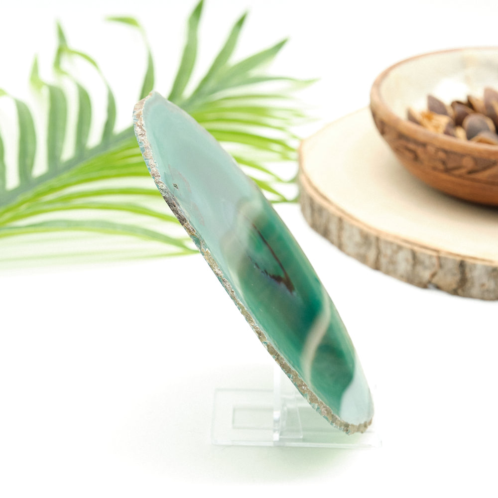 large green agate slice with stand on white background