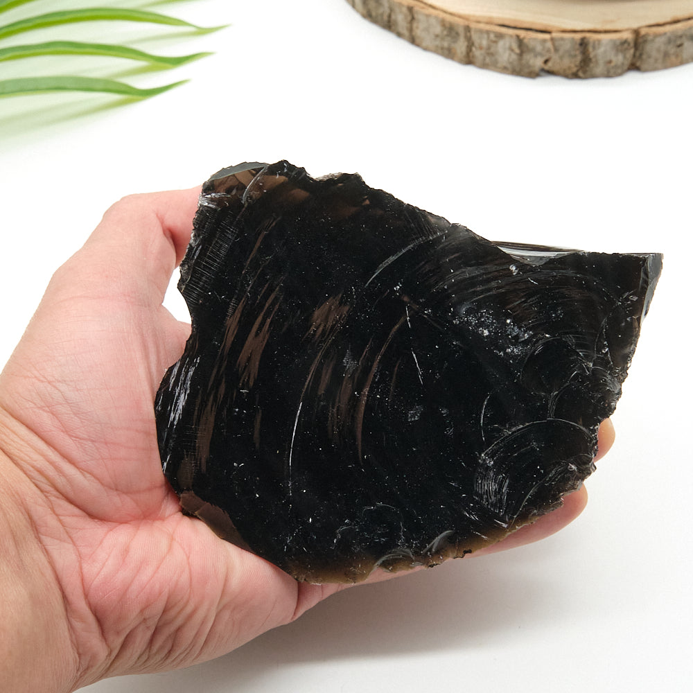 Hand holding a large black obsidian  stone with a white background