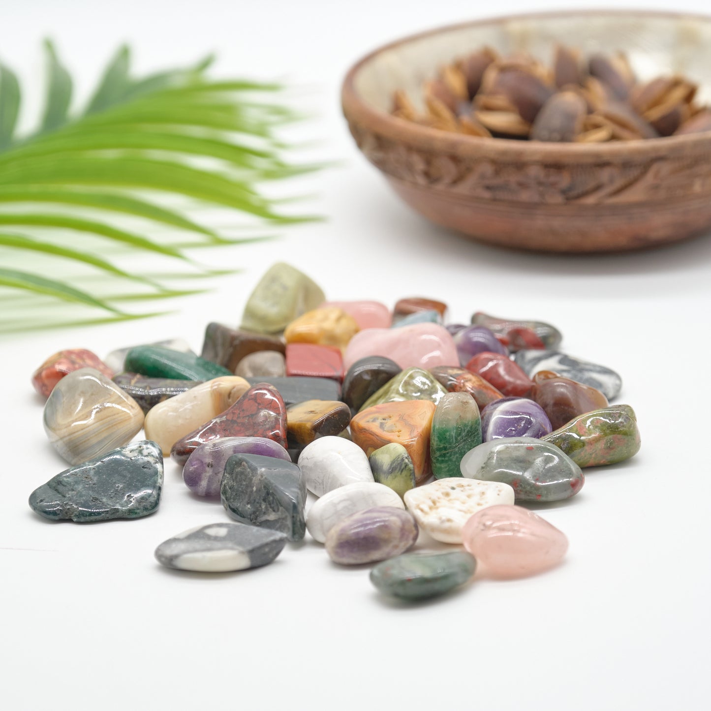 mixed gemstones with linen bag