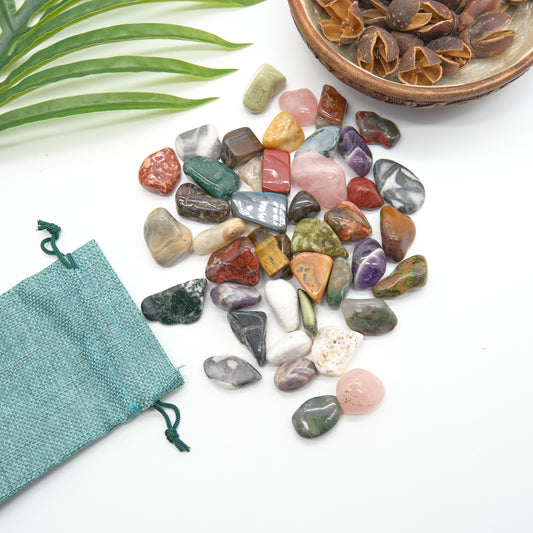 mixed gemstones with linen bag