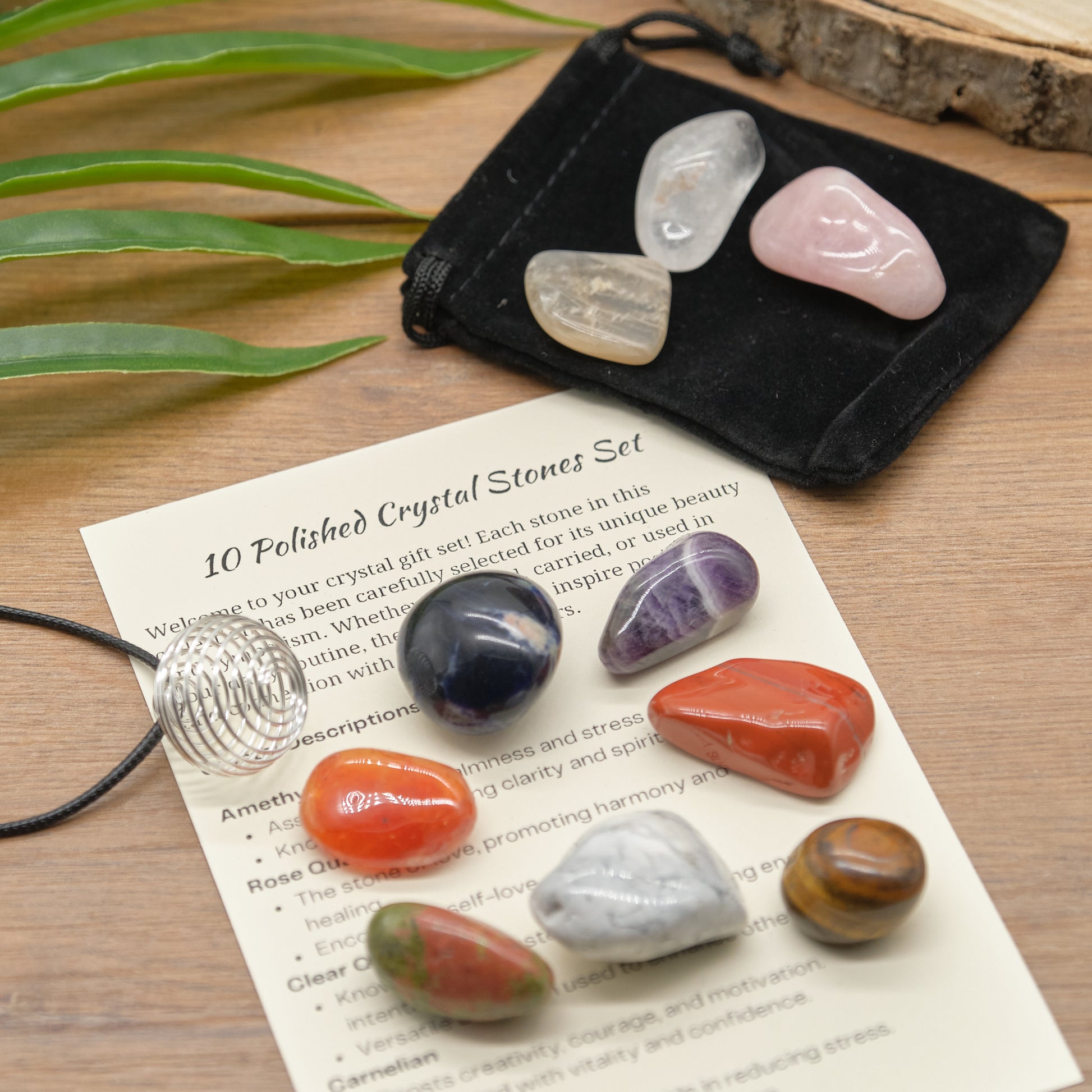 10 crystal stones, amethyst, rose quartz, clear quartz, carnelian and others gift set