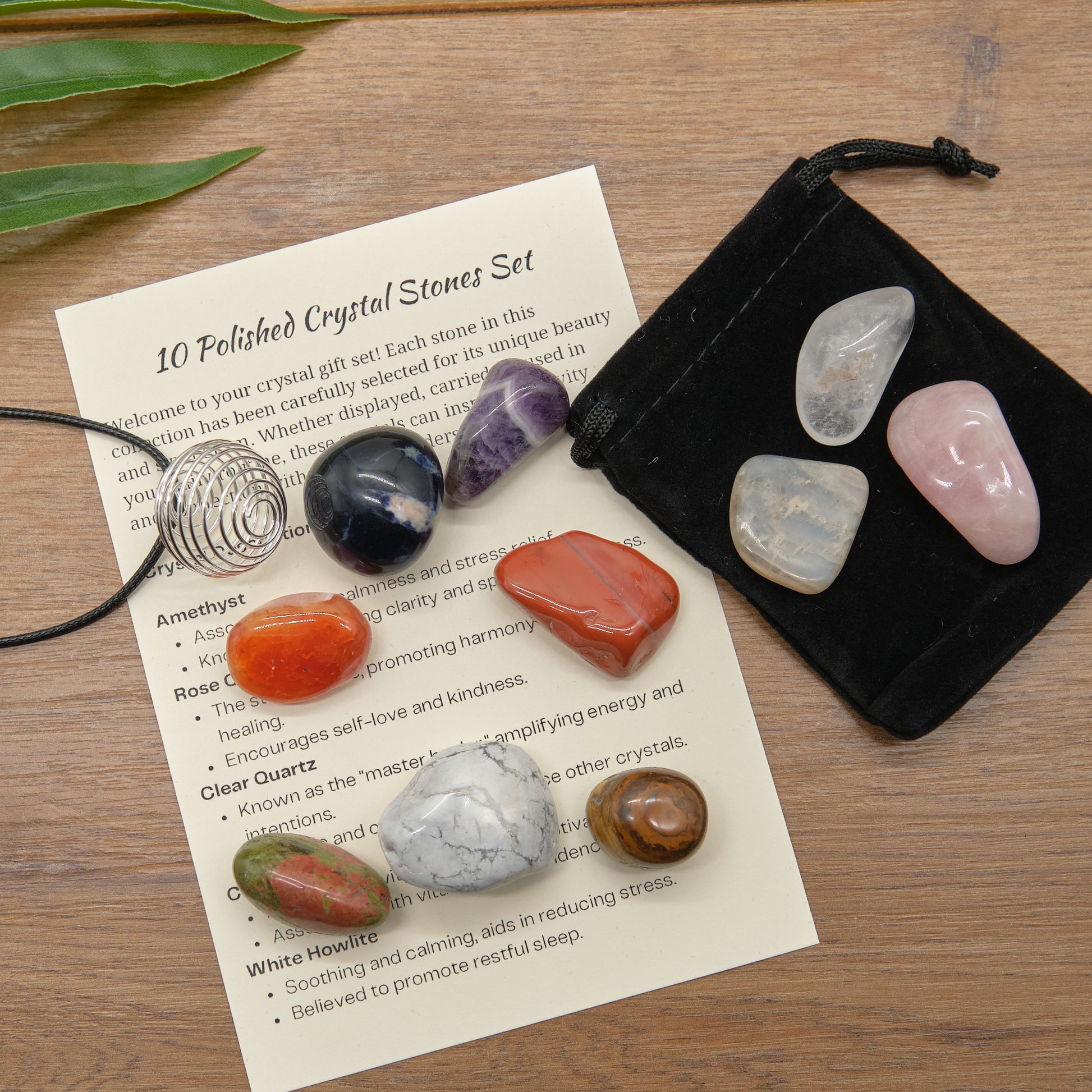 10 crystal stones, amethyst, rose quartz, clear quartz, carnelian and others gift set