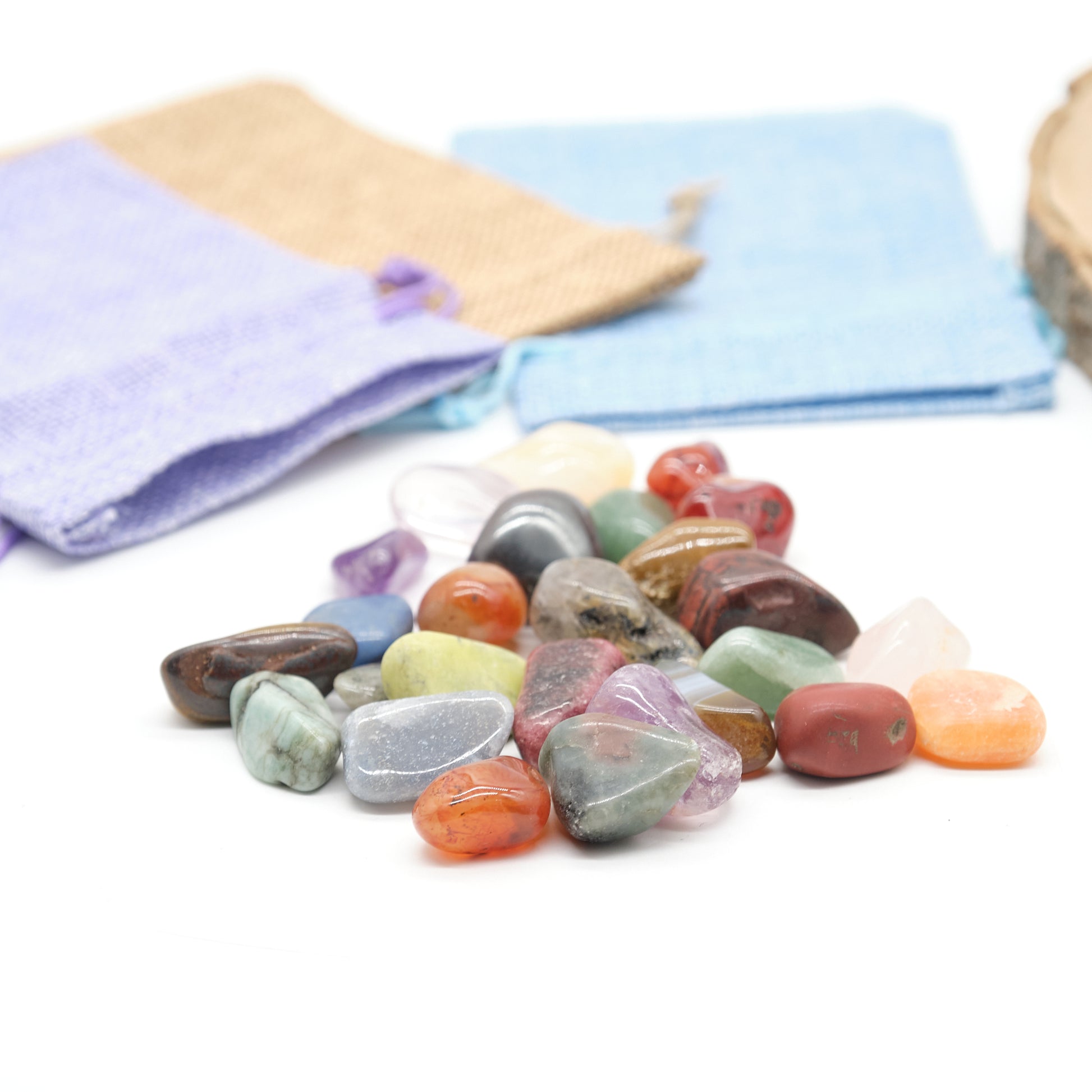 mixed crystal stones with linen bag gift set multi coloured gemstones