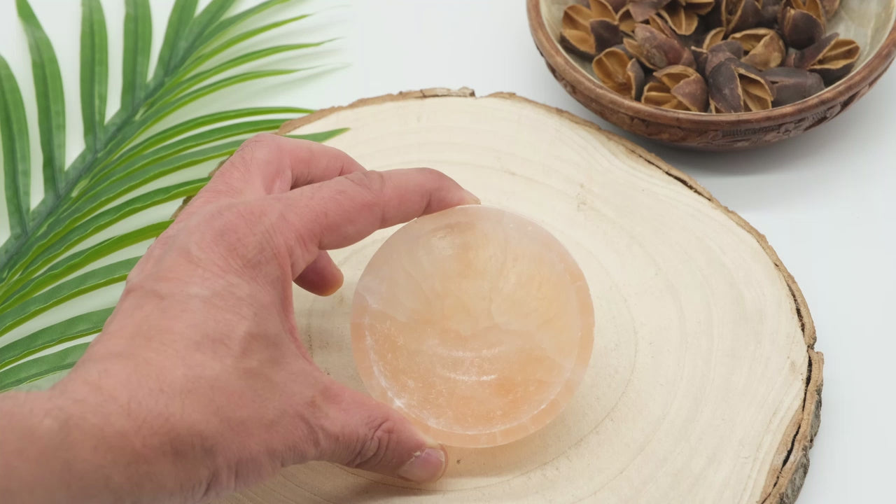 peach selenite bowl for charging cleansing crystals
