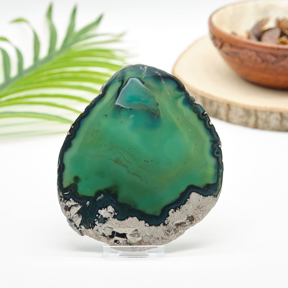 Green agate slice stone on a white background with a blurred plant and wooden bowl in the background