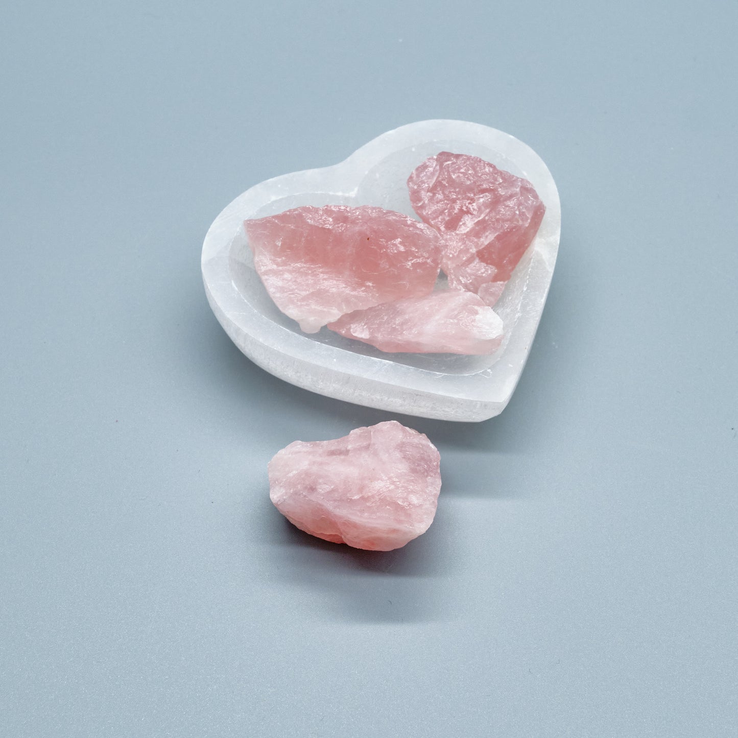 Selenite Crystal Heart Charging Bowl 10cm  Pure Serenity W/ Rough Rose Quartz  