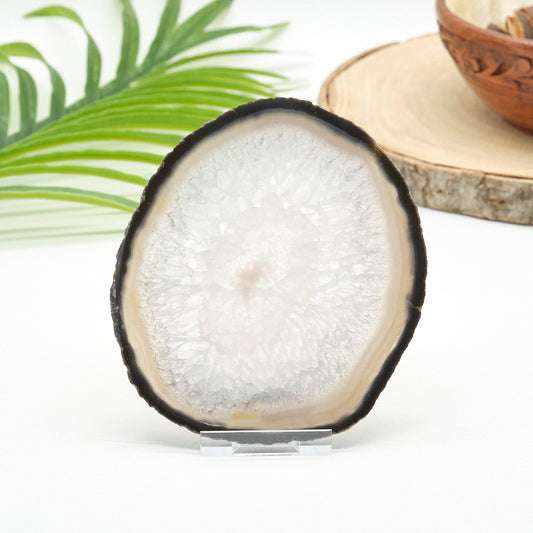 natural agate slice with wooden bowl and green leaves in the background