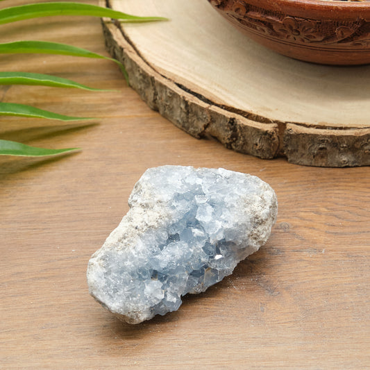 Raw celestite crystal on a wooden surface with a terracotta pot and green leaves.
