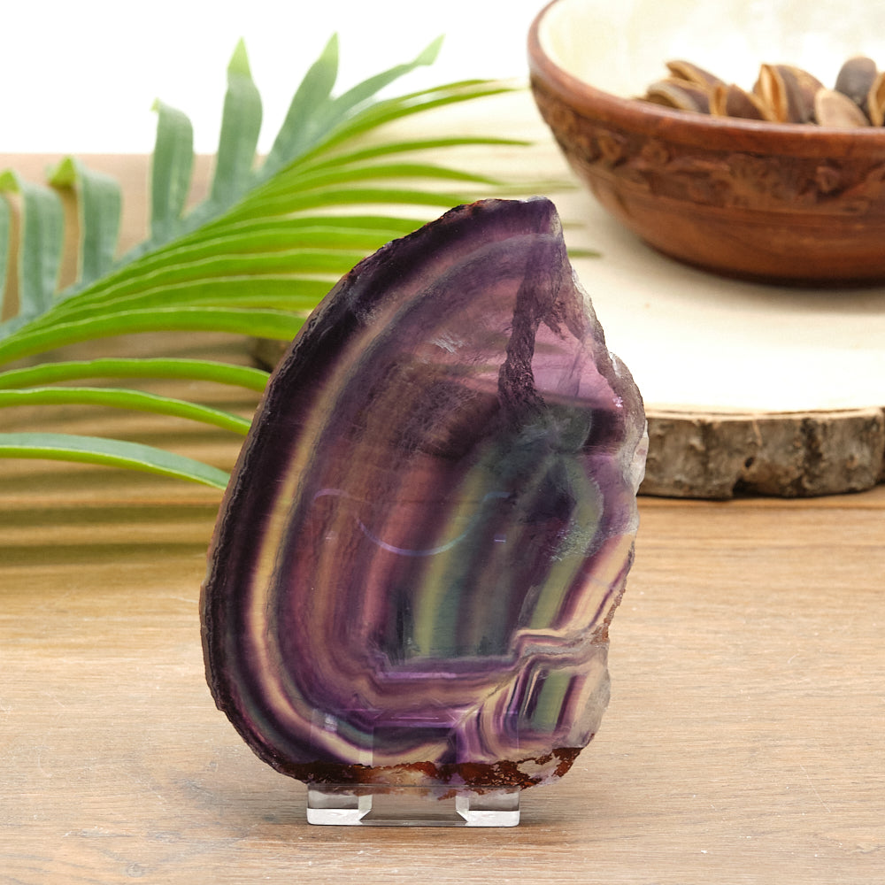 Polished purple and green crystal on a wooden surface with a plant and bowl in the background