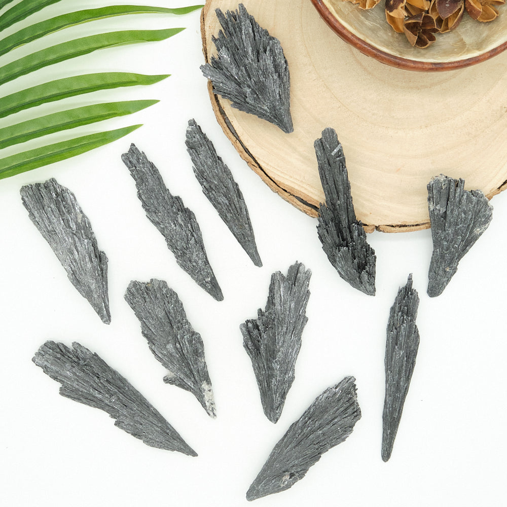 Set of black kyanite fan crystals on a white surface with a leaf and wooden coaster in the background.