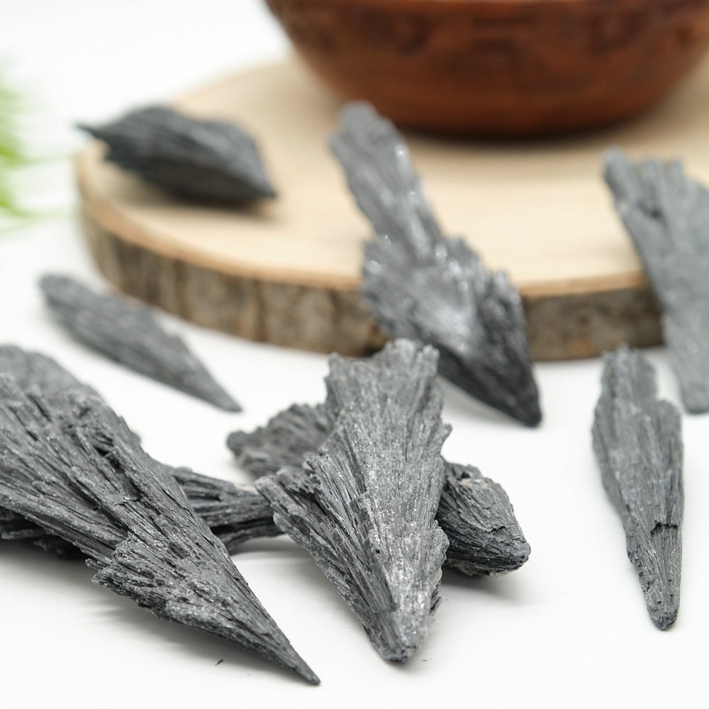  black kyanite fan crystals on a wooden board with a white background