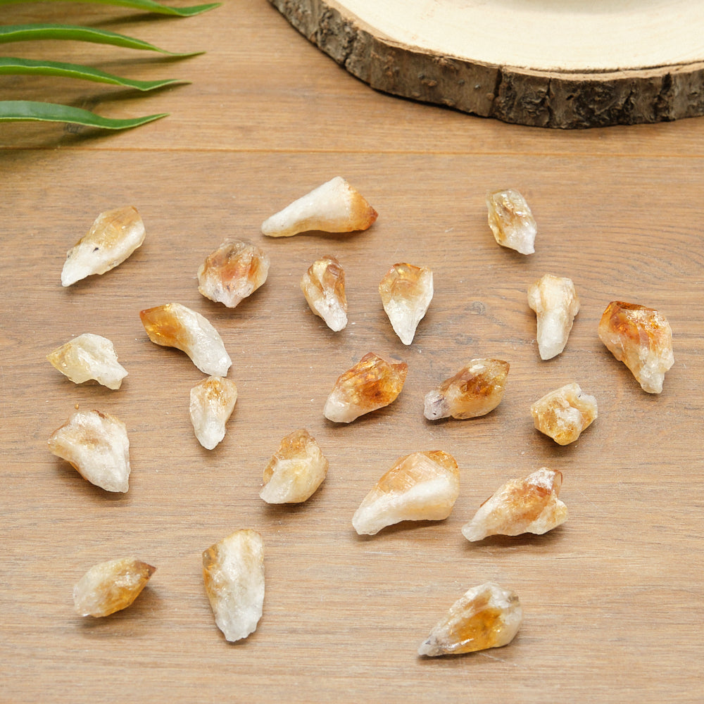 Collection of small, rough-cut citrine points crystals on a wooden surface with a natural wood slice and grass in the background.