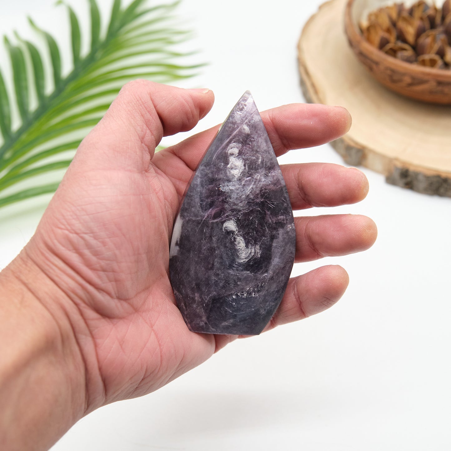 lepidolite flame carved  crystal with flash