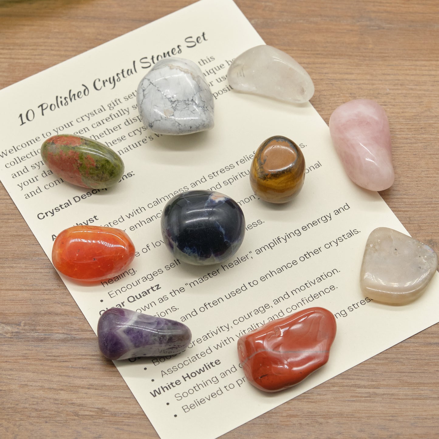 10 crystal stones, amethyst, rose quartz, clear quartz, carnelian and others gift set