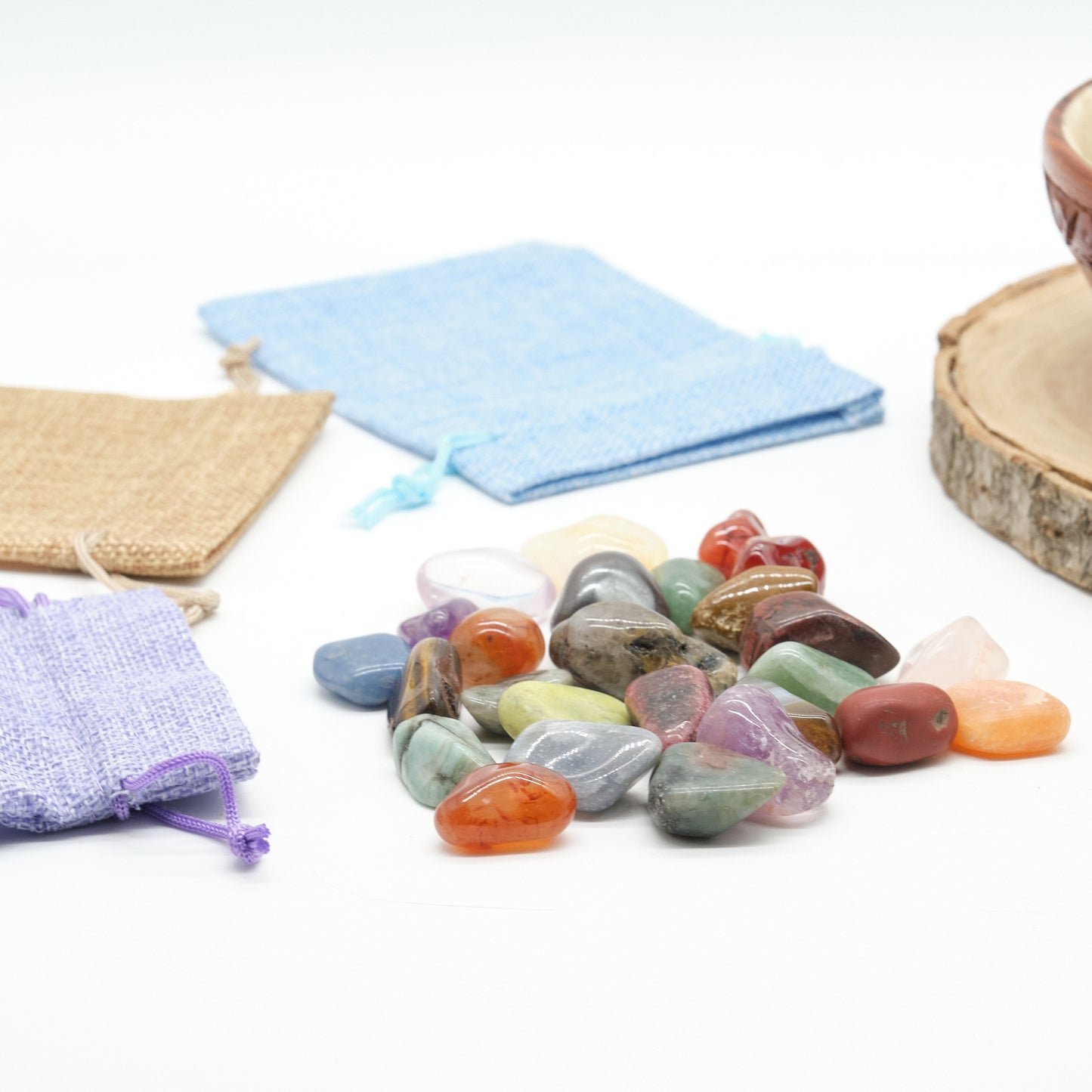 mixed crystal stones with linen bag gift set multi coloured gemstones