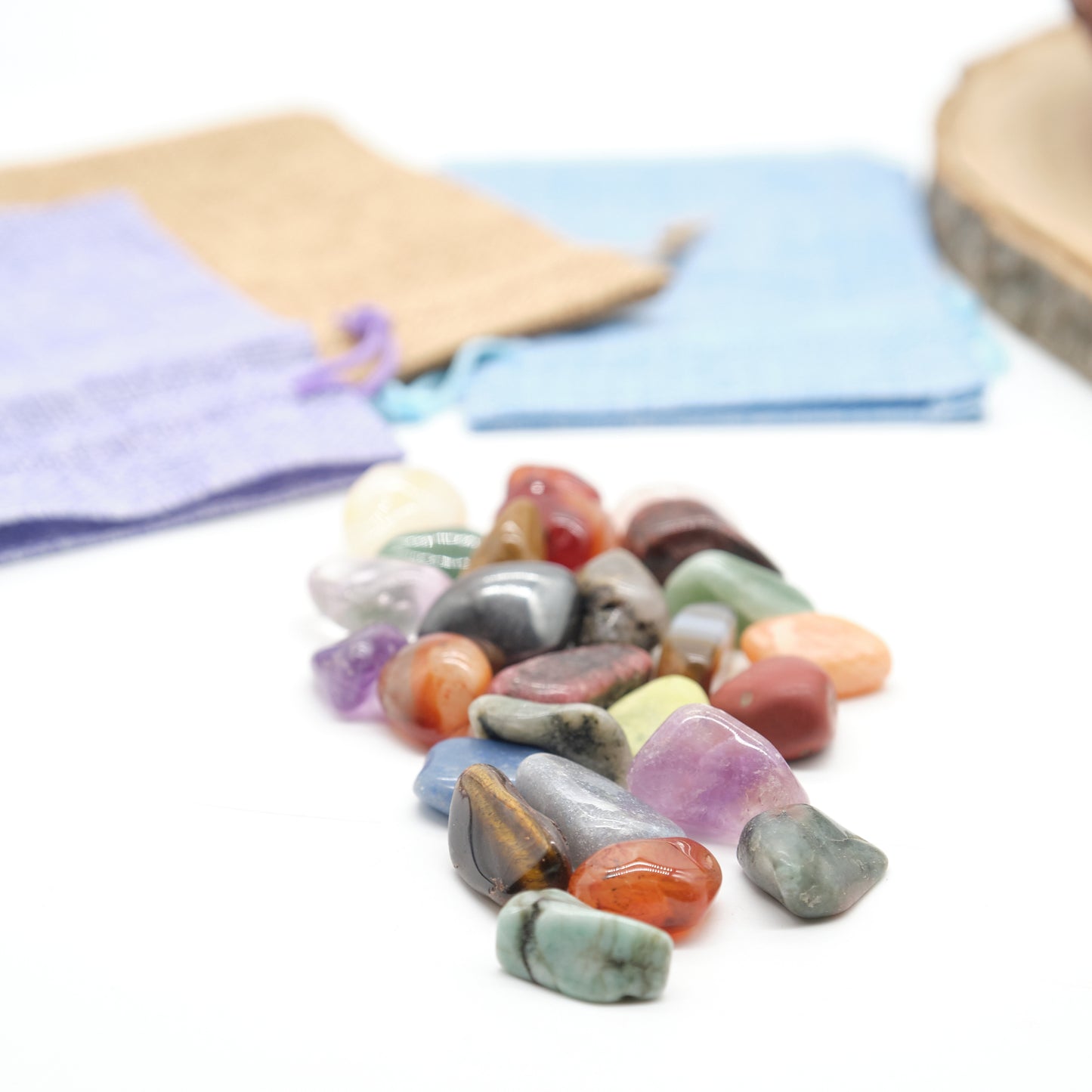 mixed crystal stones with linen bag gift set multi coloured gemstones