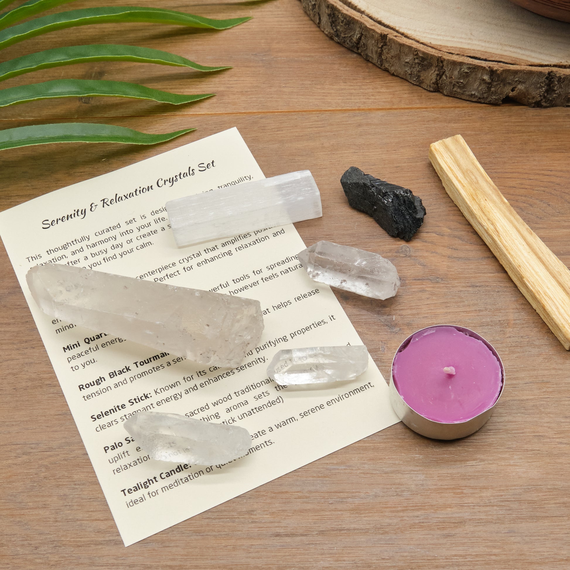 quartz points, black tourmaline, selenite stick, palo santo stick gift set for relaxation