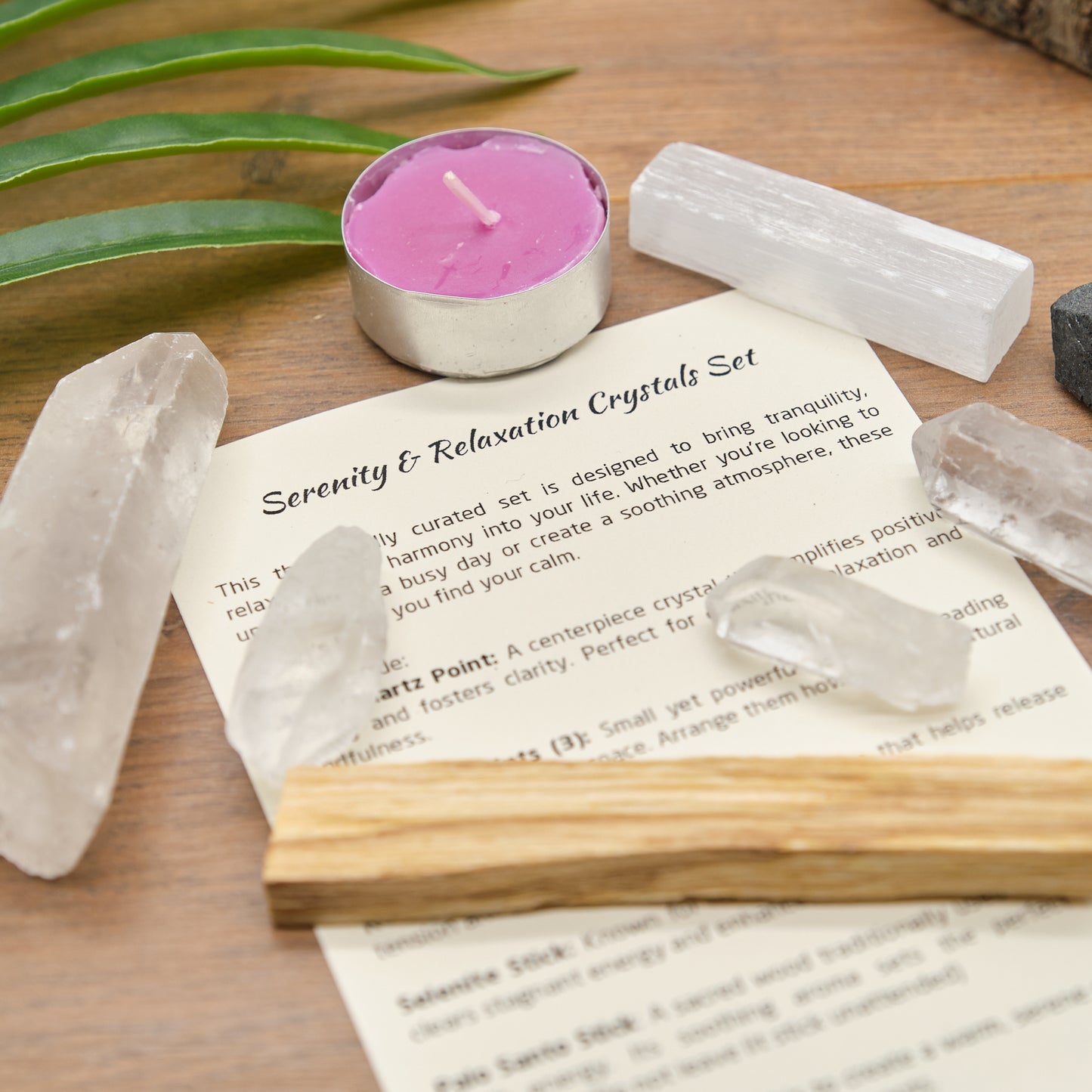 quartz points, black tourmaline, selenite stick, palo santo stick gift set for relaxation