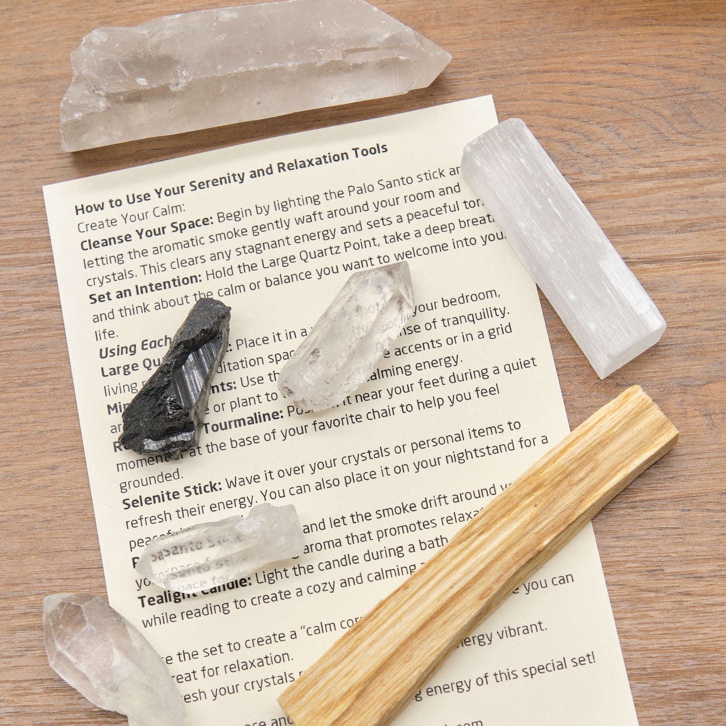 quartz points, black tourmaline, selenite stick, palo santo stick gift set for relaxation