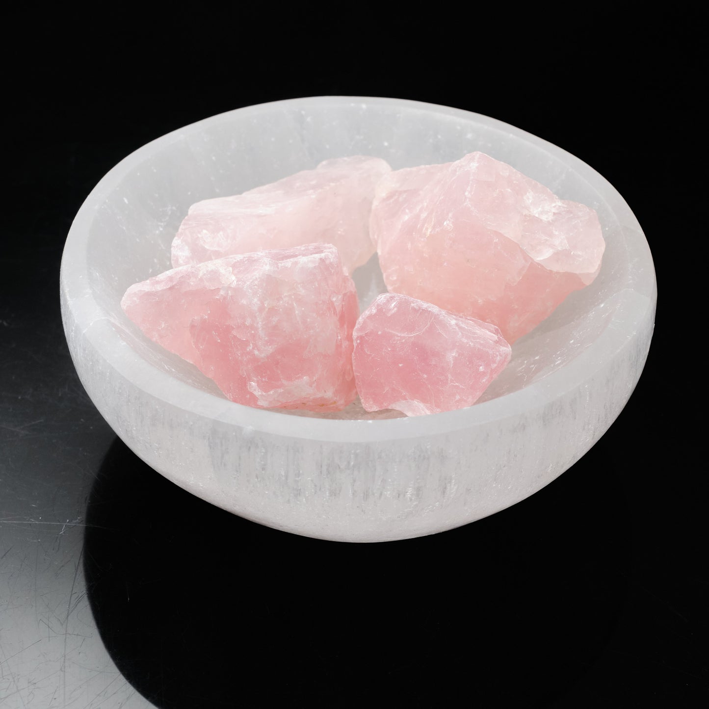 Selenite Charging Bowl 10cm  Pure Serenity W/ Rough Rose Quartz  