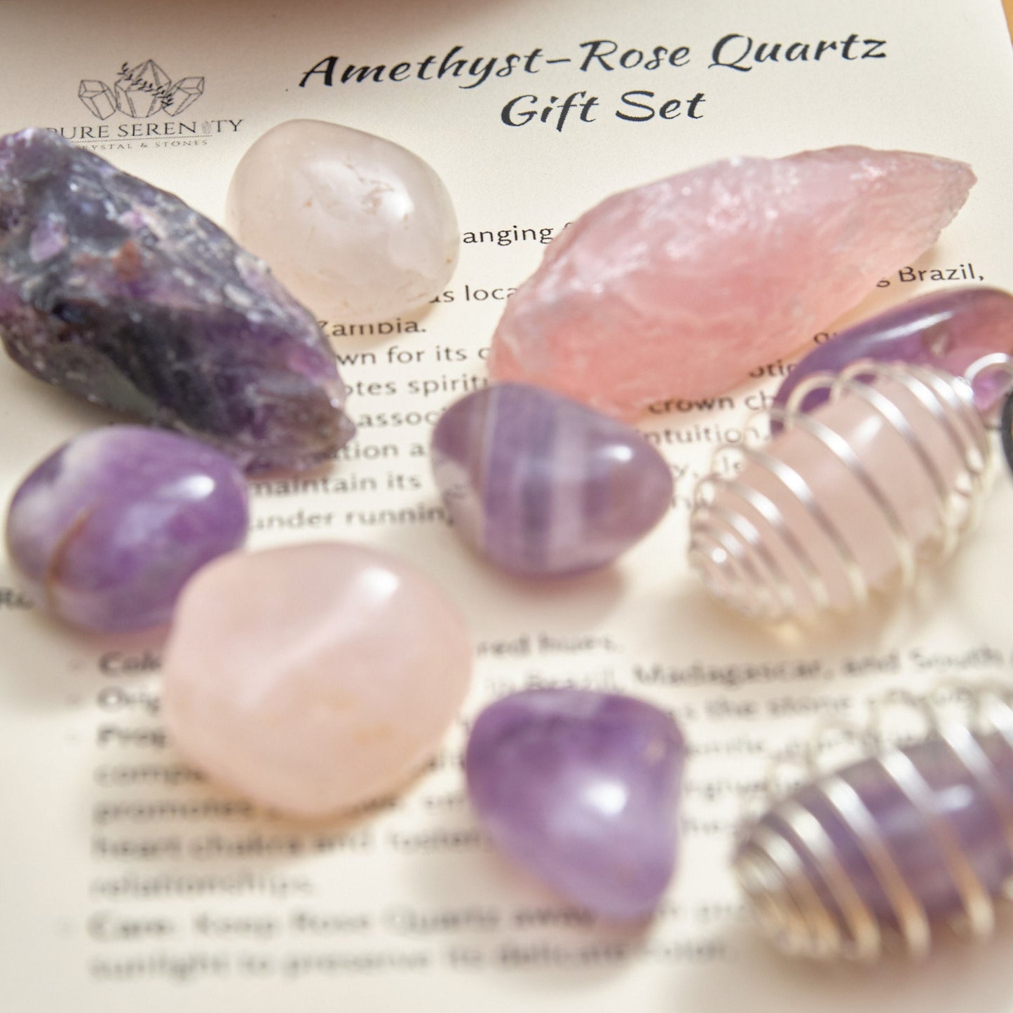 Amethyst Rose Quartz Gemstones Gift Set  Pure Serenity   